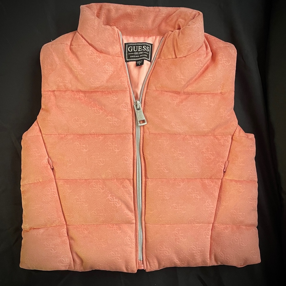 GUESS Peach Girl’s Quilted Puffer Vest with Silver Zip